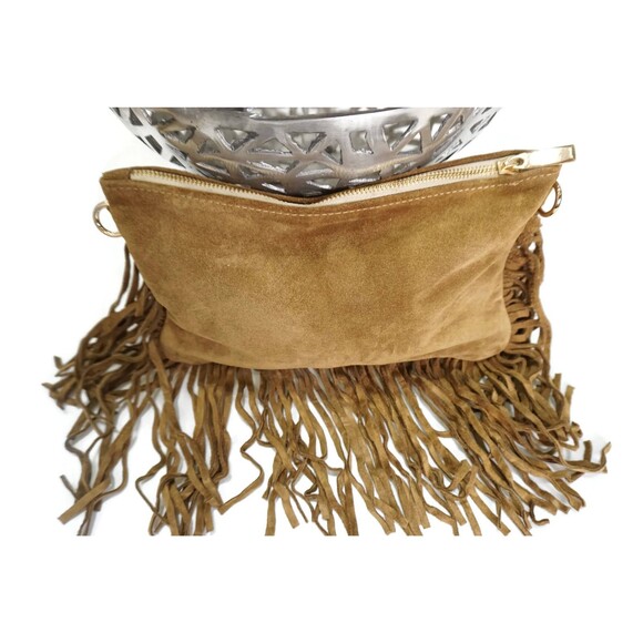 Moroccan Handira Suede Leather Fringe Clutch Bag Kilim Purse - Picture 7 of 10